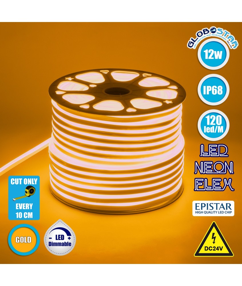 GLOBOSTAR® OVALE 70566 Ταινία Neon Flex LED 12W-m 720lm-m 120° DC 24V Αδιάβροχο IP65 120 x SMD2835 Chip-m Ultra Θερμό Λευκό 2200K Dimmable - Sanan SMD Chip - Μ100 x Π0.8 x Υ1.6cm - 3 Χρόνια Εγγύηση